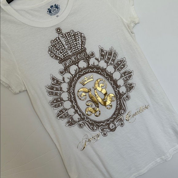 Juicy Couture Tops - Vintage Juicy Couture White Tee with crystal bling crown & Gold Foil Emblem Y2k